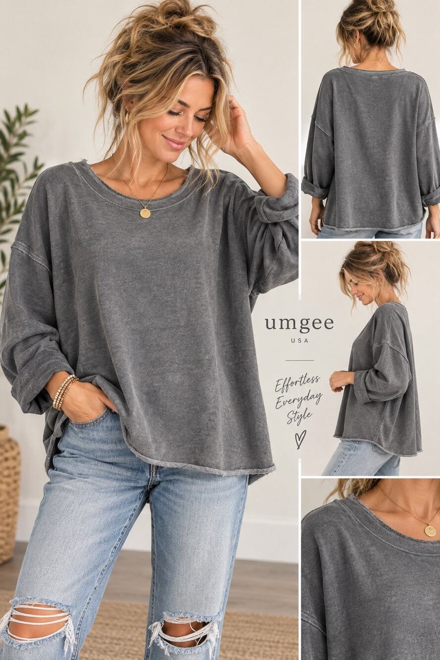 Umgee Gray Mineral Wash Oversized Raw Edge Sweatshirt Top size small